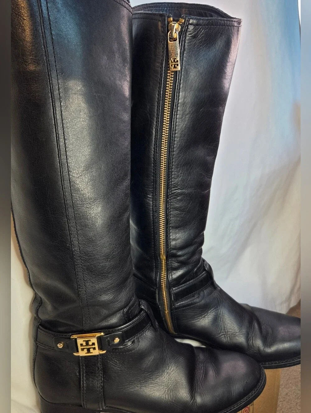 Tory Burch Alessandra Black Leather Tall Riding Boot Gold Hardware Sz 8M Classic